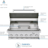 Cabezal de isla para parrilla de gas empotrable Spire Premium de 6 quemadores, parrilla de propano de acero inoxidable de 36 pulgadas con quemador trasero, 73,000 BTU,  - 740-0781P