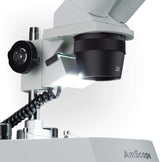 AmScope SE306R-PZ Microscopio estéreo binocular frontal, oculares WF10x y WF20x, aumento 10X-80X, objetivos 2X y 4X, fuente de luz halógena superior e inferior, soporte de pilar, 120 V, blanco