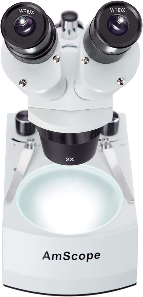 AmScope SE306R-PZ Microscopio estéreo binocular frontal, oculares WF10x y WF20x, aumento 10X-80X, objetivos 2X y 4X, fuente de luz halógena superior e inferior, soporte de pilar, 120 V, blanco