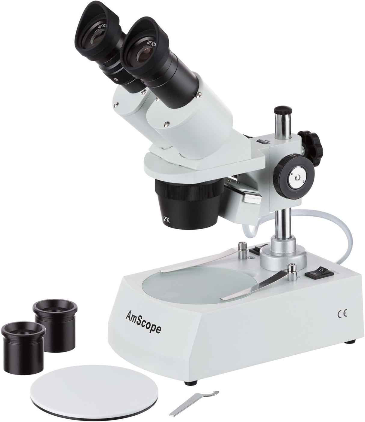 AmScope SE306R-PZ Microscopio estéreo binocular frontal, oculares WF10x y WF20x, aumento 10X-80X, objetivos 2X y 4X, fuente de luz halógena superior e inferior, soporte de pilar, 120 V, blanco
