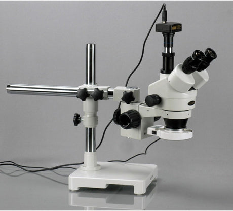 AmScope SM-3T-54S-5M Microscopio trinocular profesional digital con zoom estéreo, oculares WH10x Aumento de 7X-45X, objetivo de zoom de 0,7X-4,5X, luz LED de 54 bombillas
