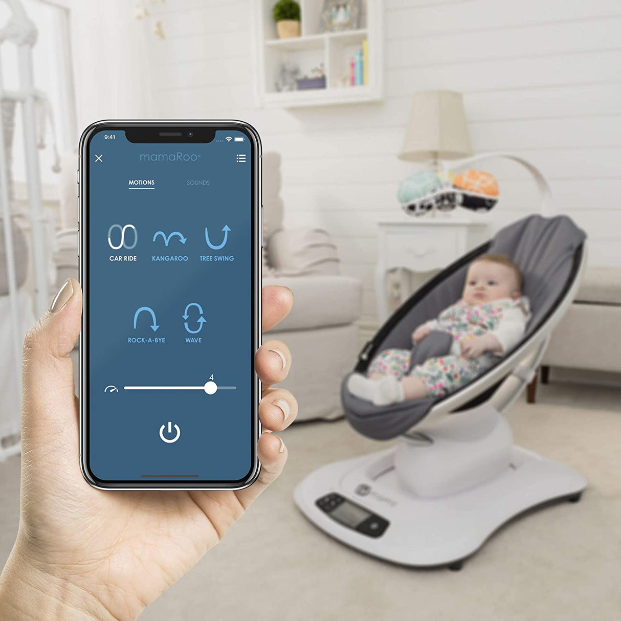 4moms mamaRoo 4 Columpio multimovimiento para bebé + cierre de correa de seguridad, columpio Bluetooth para bebé con 5 movimientos únicos, tela de nailon, gris 2001319SF