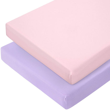 TILLYOU - Juego de 2 sábanas para minicuna, sábana bajera ajustable para minicuna portátil de punto jersey elástico, patio de juegos, parque infantil, sábana de cama para niños y niñas, morado y rosa melocotón - DIGVICE MX
