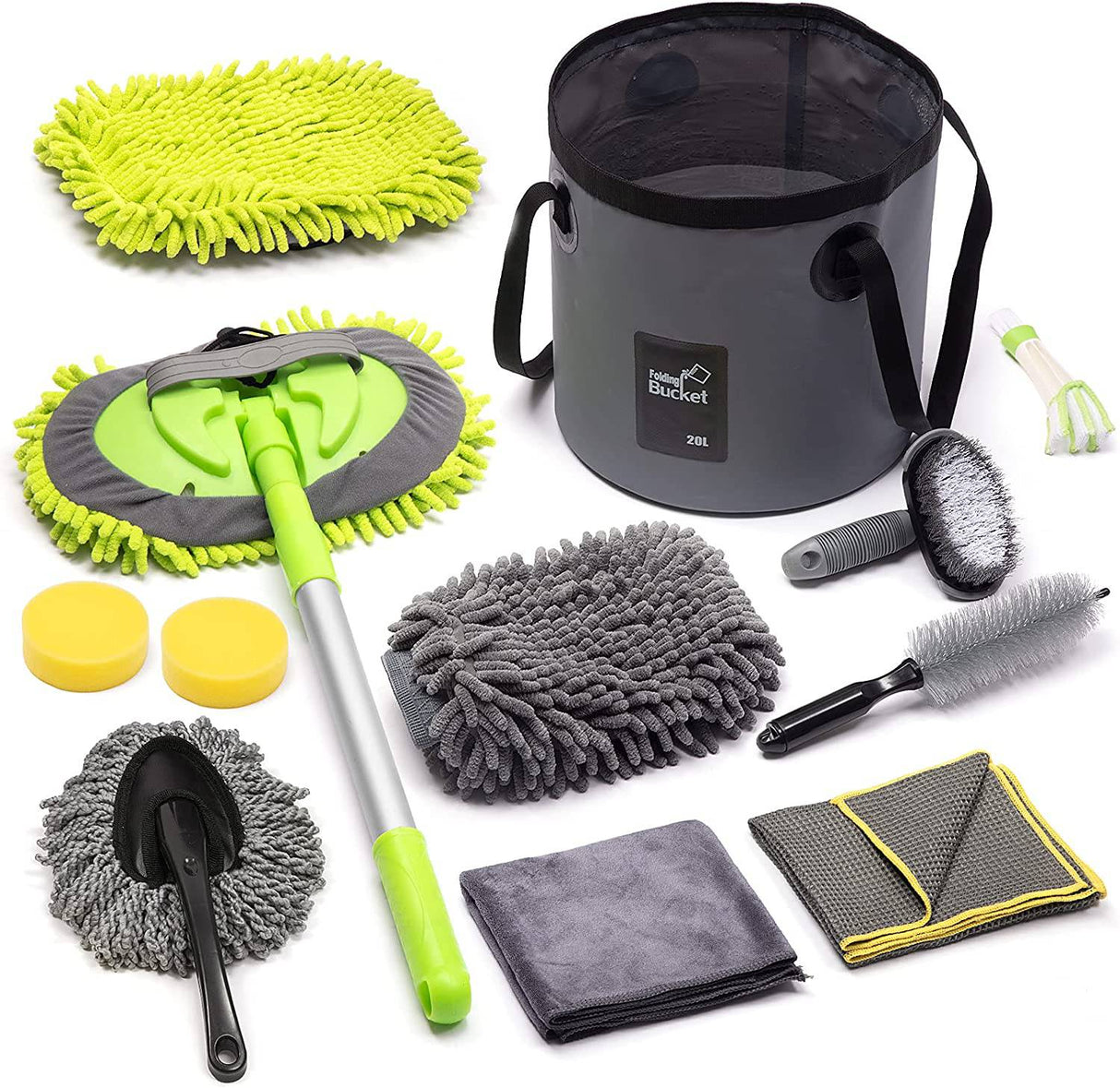 AURELIO TECH Kit Limpieza Coche 12 Piezas | Kit de lavado de autos con cubeta, cepillo con mango largo de 43'', manopla de lavado de autos, toallas de microfibra, cubeta plegable para detalles exteriores e interiores