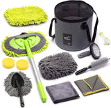 AURELIO TECH Kit Limpieza Coche 12 Piezas | Kit de lavado de autos con cubeta, cepillo con mango largo de 43'', manopla de lavado de autos, toallas de microfibra, cubeta plegable para detalles exteriores e interiores