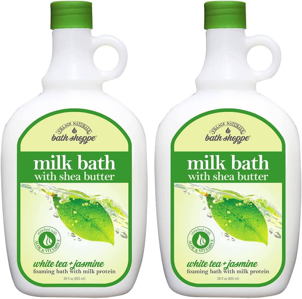 Village Naturals Bath Shoppe - baño de leche, té blanco y jazmín, 28 onzas líquidas, paquete de 2