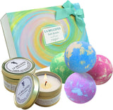 LA BELLEFÉE - Juego de velas aromáticas de bombas de baño, bombas de baño relajantes de aceite esencial hechas a mano, gaseosas para hidratar la piel seca (4 bombas de baño + 2 velas)