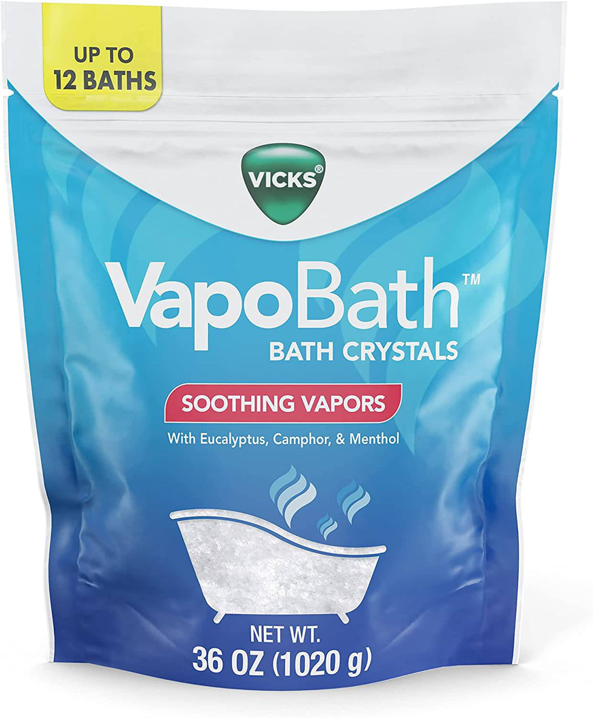 Vicks VapoBath, cristales de baño, bomba de baño, sales de baño no medicinales, aromaterapia de vapor calmante Vicks Vapors con eucalipto y mentol, contiene aceites esenciales, 36 oz