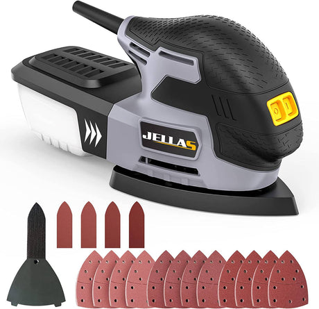 JELLAS - Lijadora de detalles , compacta para madera, lijadoras de 13,000 RPM, lijadora de mano de 2 amperios con 12 papeles de lija estándar, almohadillas de lijado incluidas, MS220-SD - DIGVICE MX