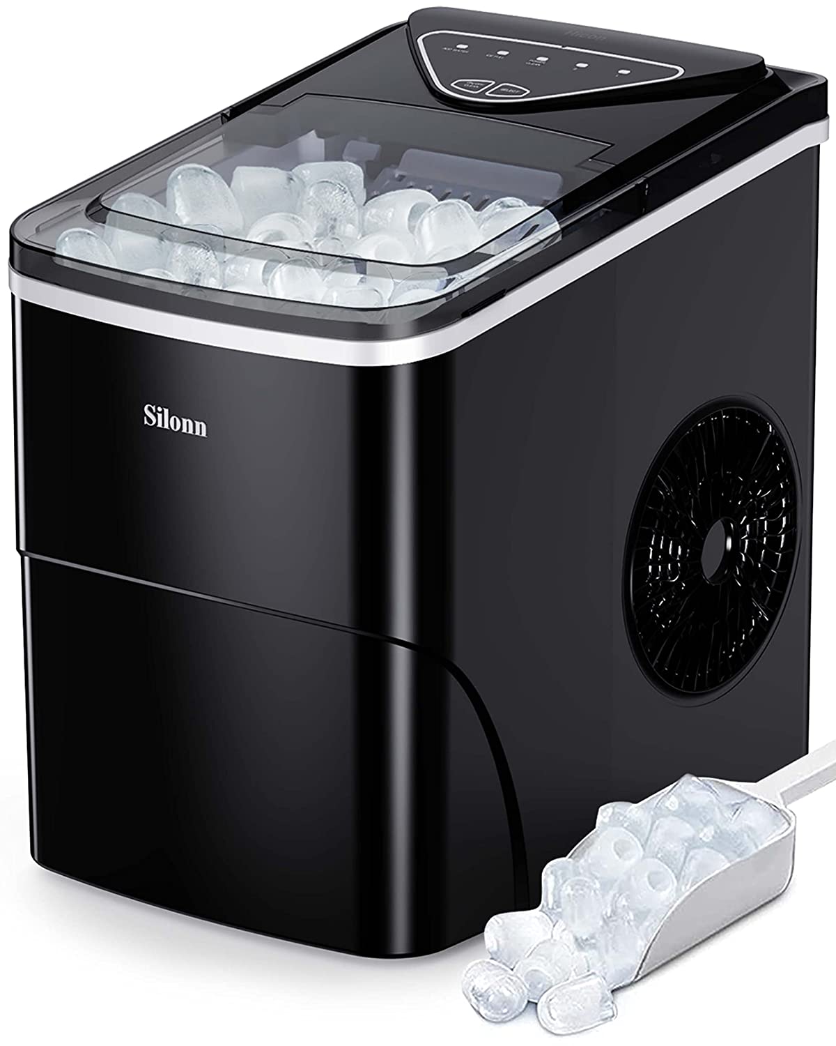 Silonn Ice Makers encimera, 9 cubos listos en 6 minutos, 26 libras en 24 horas, máquina de hielo autolimpiante con pala de hielo y cesta, 2 tamaños de hielo de bala para el hogar, cocina, oficina, bar, fiesta - DIGVICE MX