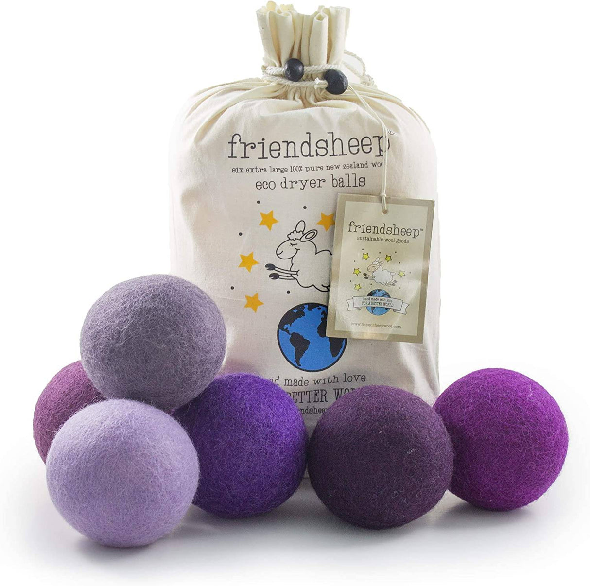 Friendsheep - Pelotas de lana para secadora, color morado, 6 unidades, XL, orgánicas, premium, reutilizables, libres de crueldad, hechas a mano, comercio justo, sin pelusa, color suavizante de telas, color morado - DIGVICE MX