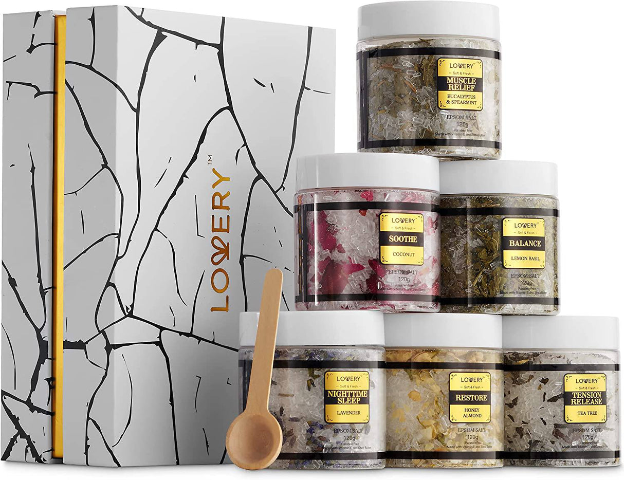 Lovery - Juego de regalo de sales de baño de Epsom, sal de spa relajante con aceites esenciales, baños de burbujas, lavanda, menta verde de eucalipto, albahaca de limón, coco, árbol de té, sal de Epsom de miel y almendras