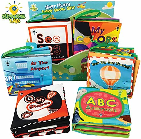 Spruce Lab - Libros educativos suaves para bebés, juego de 6 libros de tela, desarrollo sensorial - SLCB1