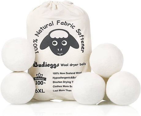 Budieggs - Bolas de lana para secadora orgánicas XL, paquete de 6, 100 % suavizante de telas sin químicos de Nueva Zelanda para más de 1000 cargas, seguro para bebés e hipoalergénico, reduce las arrugas y acorta el tiempo de secado de forma natural - DIGVICE MX