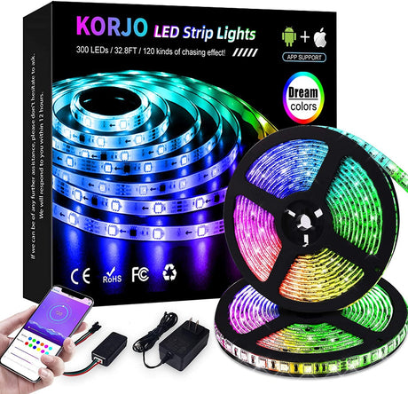 KORJO Tira de luces LED Dream Color, 32,8 pies/10 m, luz de persecución LED Bluetooth con aplicación, 12 V, 300 LED, 5050 RGB, kit de luces de cuerda que cambia de color, iluminación de tira LED flexible - DIGVICE MX