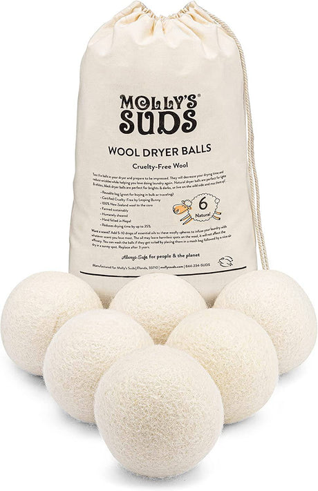 Molly's Suds Bolas para secadora de lana  | XL, suavizante de telas orgánico premium, hipoalergénico, afieltrado a mano, reutilizable, reduce el tiempo de secado | Blanco, Juego de 6 - DIGVICE MX