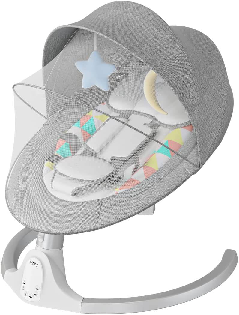 Bioby  - Columpio para bebés, cinturón de seguridad de cinco puntos, pantalla táctil Bluetooth/control remoto para bebé con altavoz de música, portátil motorizado con 5 velocidades de columpio (gris) - DIGVICE MX