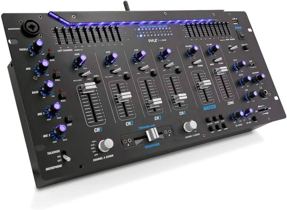 Pyle Mezclador de 6 canales, controlador de DJ Bluetooth, mezclador estéreo, sistema de sonido profesional, iluminación LED, mezclador de audio digital, sistema de mezcla digital, control de velocidad, sistema de montaje en rack 5U, PYD1964B.5