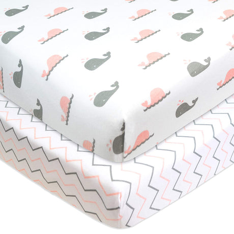 TL Care - Juego de 2 sábanas bajeras 100 % algodón natural con estampado de jersey de punto, color ballena rosa/zigzag rosa, suave y transpirable, para niñas - DIGVICE MX