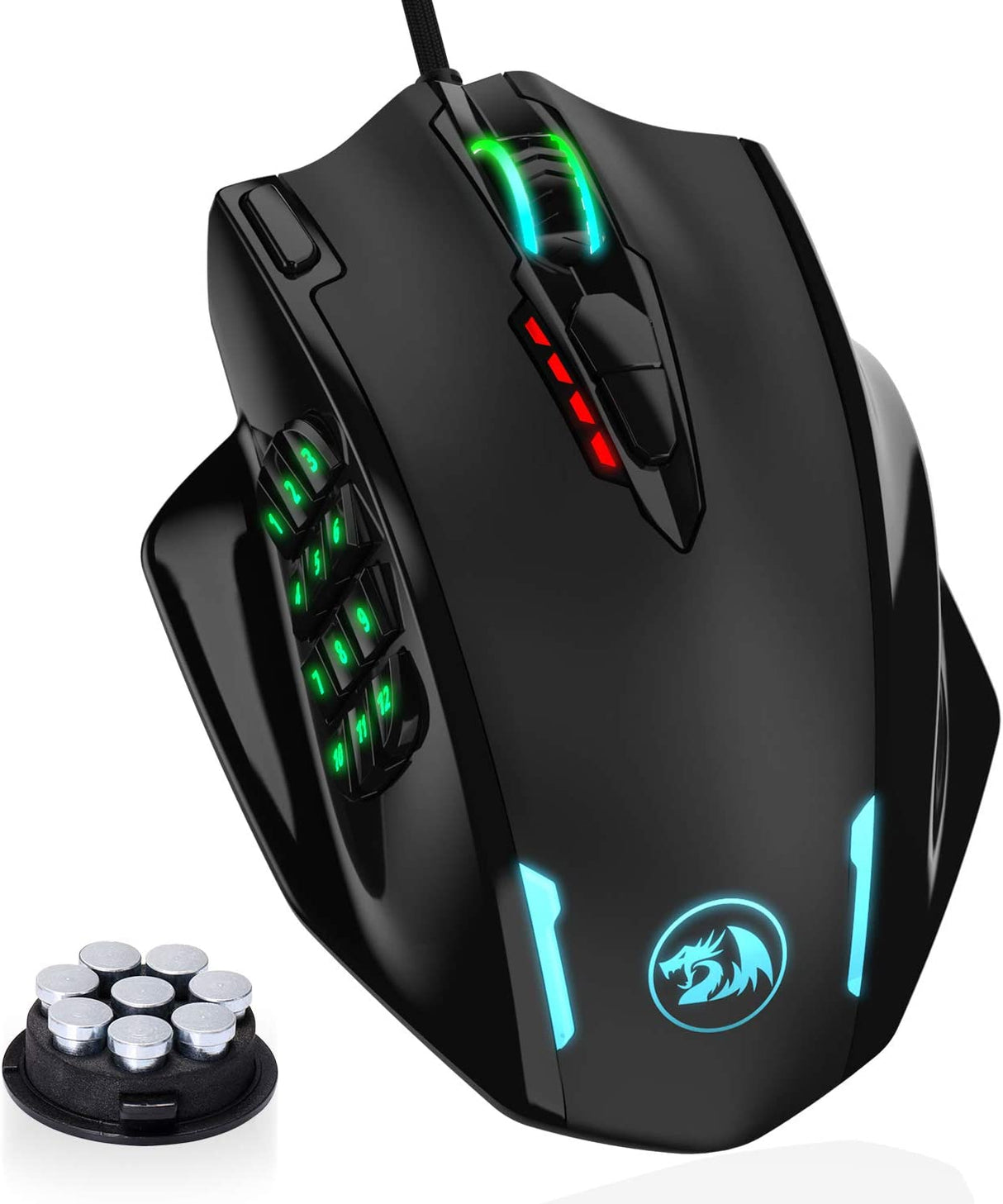 Ratón Redragon M908 Impact RGB LED MMO con botones laterales Ratón óptico para juegos con cable con 12 400 DPI, alta precisión, 20 botones de ratón programables