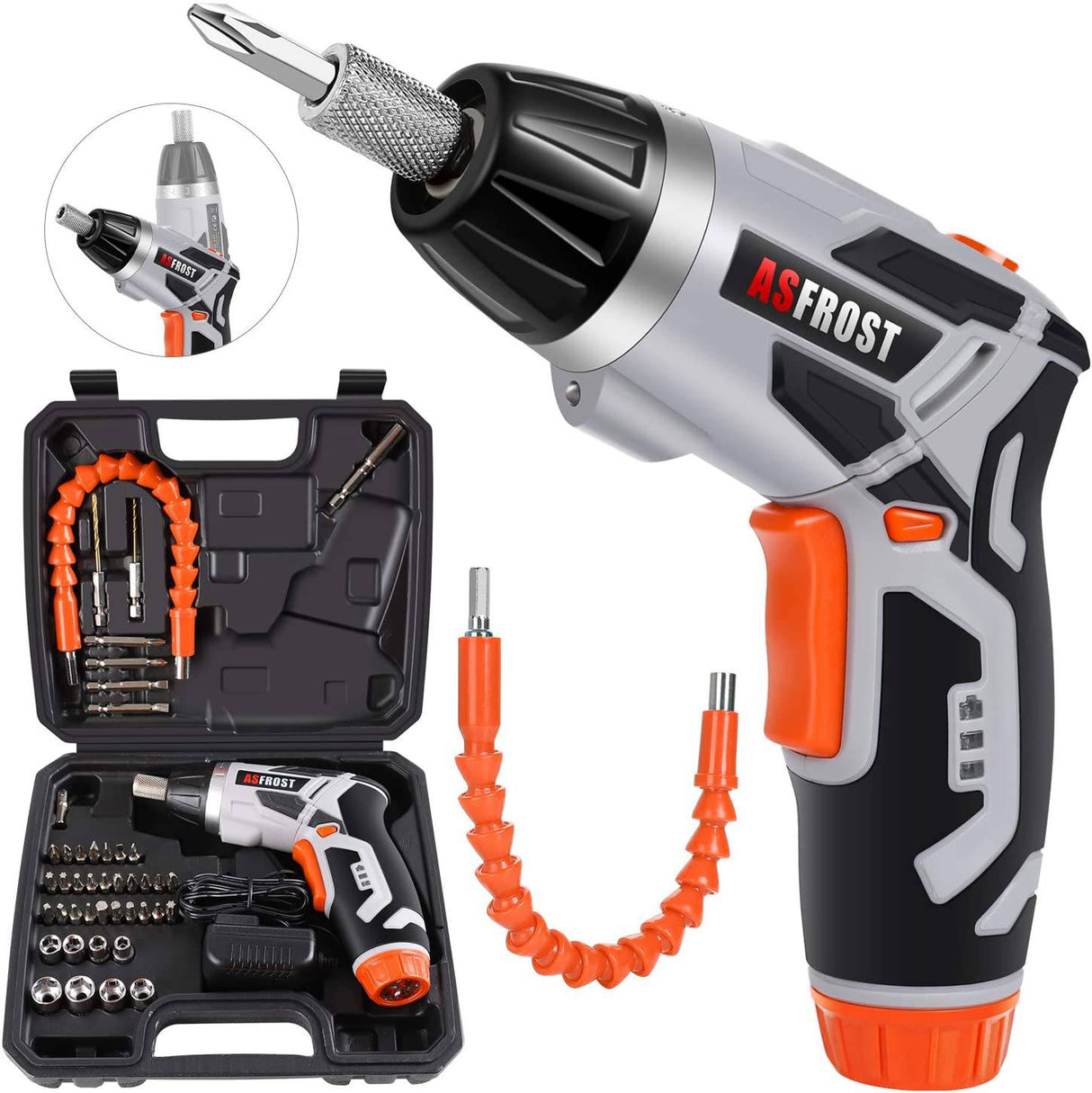 Destornillador eléctrico inalámbrico AsFrost 3.6V 2000mAh Recargable Pistola de tornillo y juego de puntas, 45 piezas de accesorios, 7 ajustes de torsión, mango de 2 posiciones con luz LED, eje flexible - DIGVICE MX
