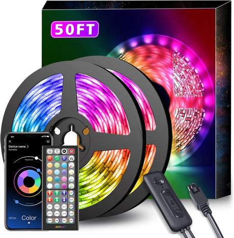 Nexillumi - Tira de luces LED de 50 pies, sincronización de música, tira de LED RGB que cambia de color, mando a distancia de 44 teclas, micrófono integrado sensible, luces LED controladas por aplicación, tira de luces LED 5050 RGB - DIGVICE MX
