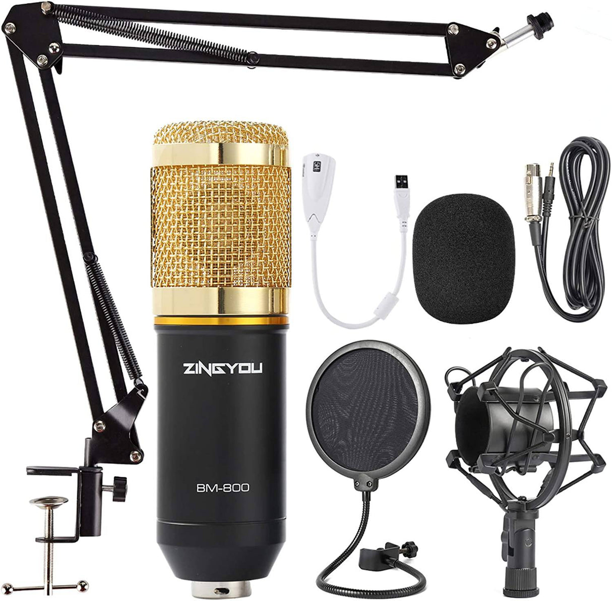 ZINGYOU - Micrófono de condensador, kit de micrófono BM-800 con brazo de tijera de suspensión de micrófono ajustable, soporte de choque de metal y filtro pop de doble capa para grabación y transmisión de estudio (dorado)