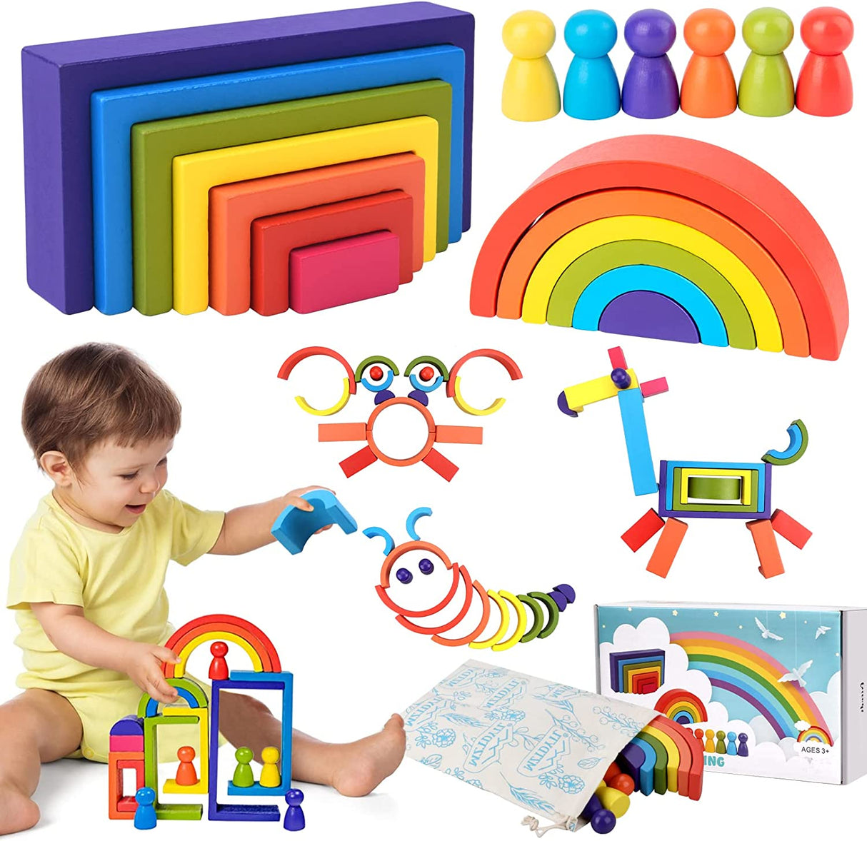 Tiluza - Montessori Juguetes Bloques de madera, apilamiento de construcción para niños pequeños - B09ZQRBRGL