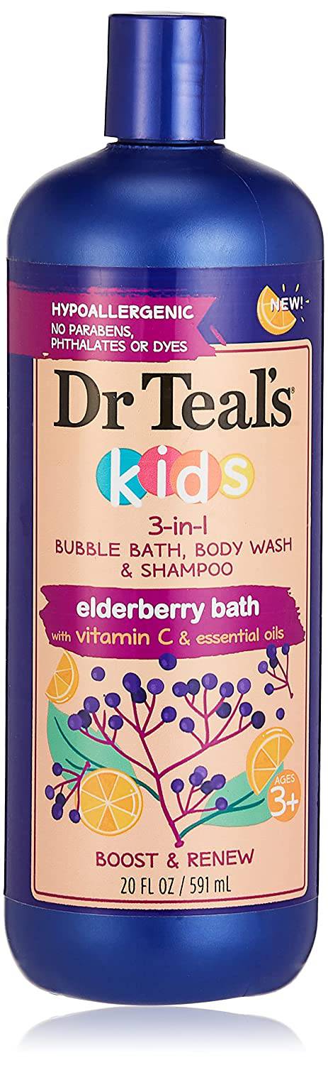 Dr Teal's Kids 3 en 1 Baño de burbujas de saúco, gel de baño y champú con vitamina C y aceites esenciales 20 fl oz