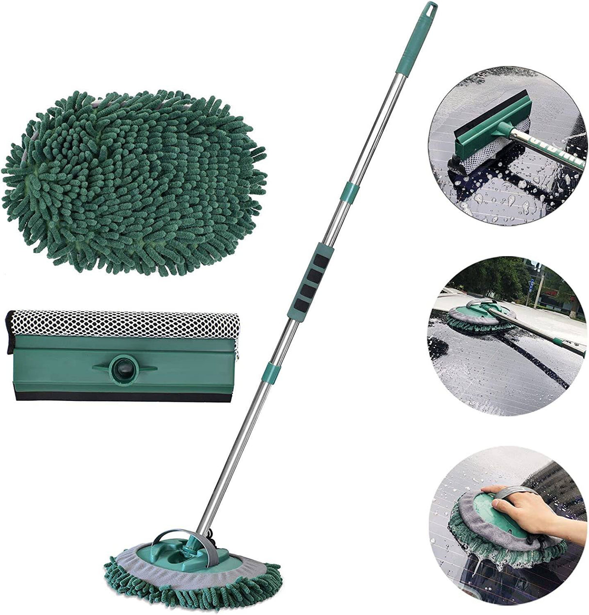 AgiiMan Cepillo de lavado de autos con mango largo - 3 en 1 Fregona de limpieza de autos, Juego de guantes de microfibra de chenilla, Longitud ajustable 24in-43in Kit de limpieza de vehículos con raspador de vidrio, Verde