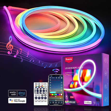 Lucienstar Luces de cuerda de neón, luz de neón RGB + IC de 10 pies / 3 m con aplicación inteligente de sincronización de música, 16 millones de colores de bricolaje, funciona con Alexa, asistente de Google - DIGVICE MX