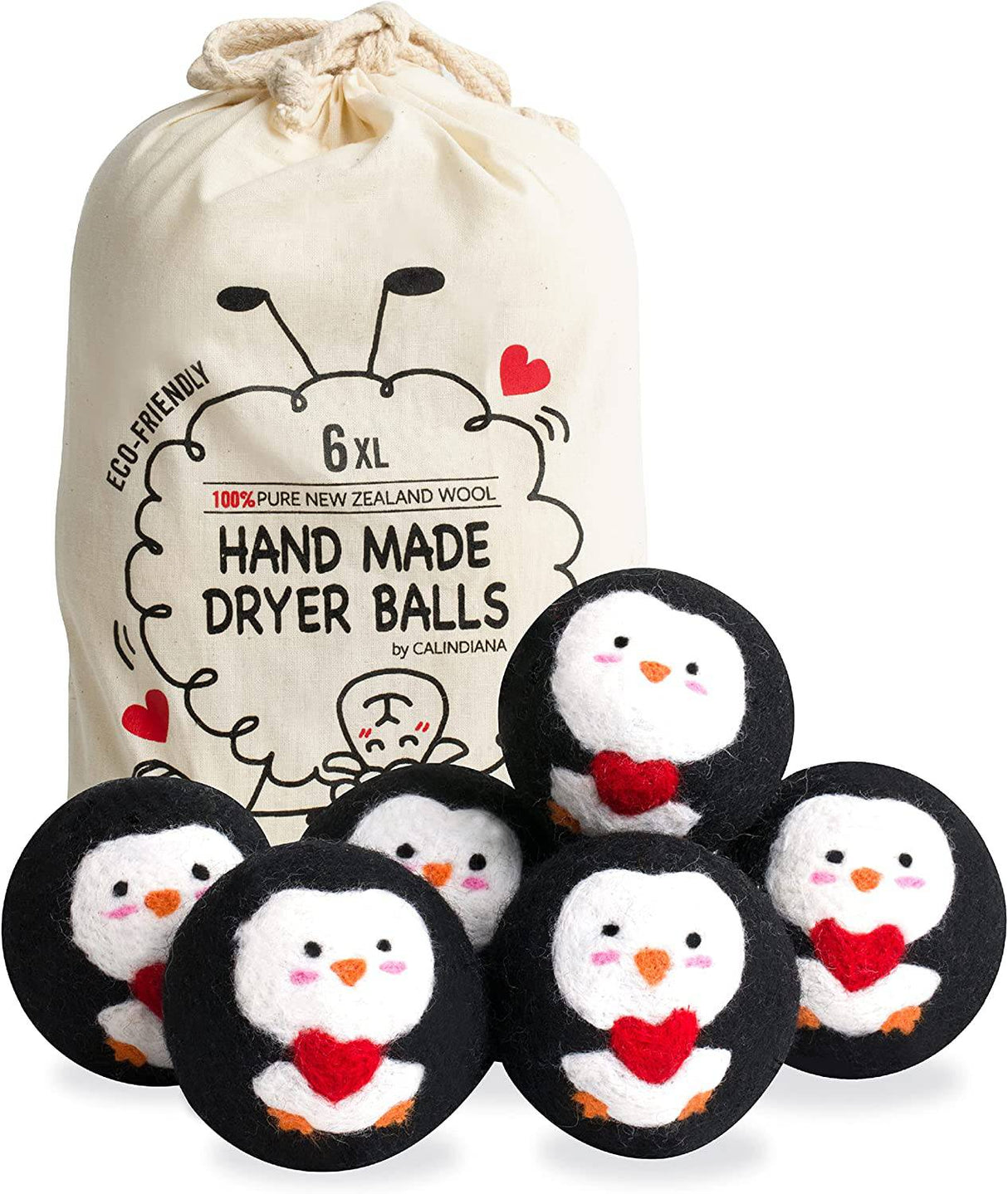 Calindiana - Bolas para secadora de lana de Nueva Zelanda 100% orgánicas de primera calidad, suavizante de tela reutilizable para la colada, bonita alternativa a las hojas de secadora, antiestático, tamaño XL, paquete de 6, pingüino negro - DIGVICE MX