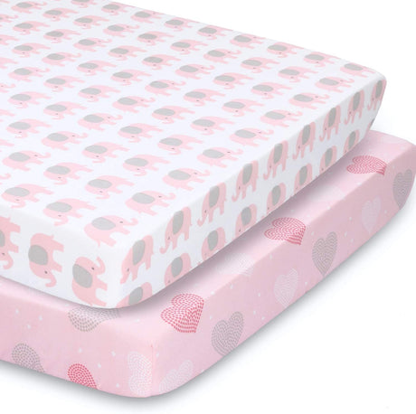 The Peanutshell Fitted Pack n Play, Playard, Mini sábanas para cuna para niñas | Juego de 2 paquetes | Elefantes rosas y corazones - DIGVICE MX