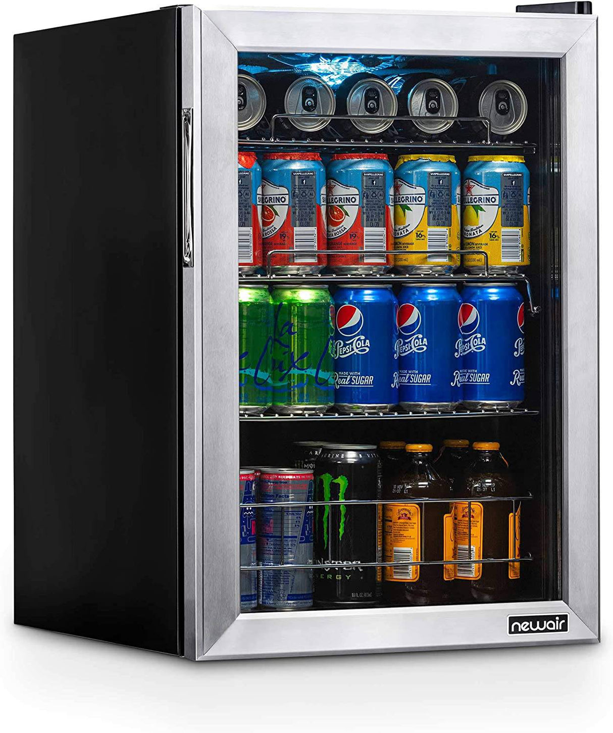 NewAir Refrigerador de bebidas con capacidad para 90 latas - Minibar Refrigerador de cerveza con puerta de vidrio con bisagra derecha - Enfría hasta 34F - AB-850 - Acero inoxidable - DIGVICE MX