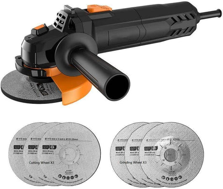 Amoladora angular Visterk, amoladora eléctrica de 6 amperios y 4-1/2 pulgadas con 3 ruedas abrasivas de 115 mm, 3 ruedas abrasivas de corte, disco de láminas y mango auxiliar - DIGVICE MX