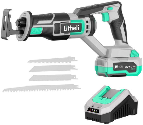 Litheli Sierra de sable inalámbrica, potente kit de sierra de mano con batería de 20 V 4,0 Ah y cargador rápido, 0-3000 SPM con cambio de cuchillas sin herramientas, ligera para corte de madera y metal. - DIGVICE MX