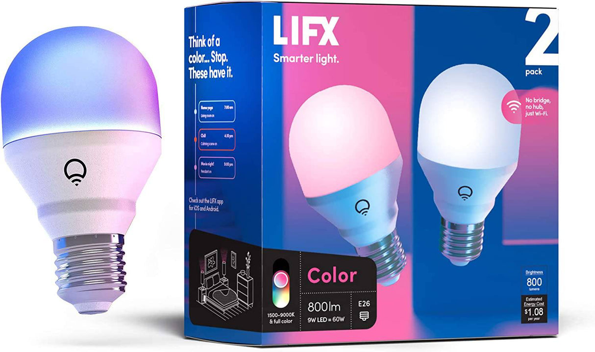 LIFX Color, A19 800 lúmenes, bombilla LED inteligente Wi-Fi, miles de millones de colores y blancos, no requiere puente, compatible con Alexa, Hey Google, HomeKit y Siri (2 unidades) - DIGVICE MX