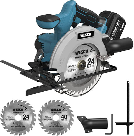 Sierra circular inalámbrica WESCO 20V 4.0Ah, 4000RPM 0-45° Corte biselado, sierra eléctrica inalámbrica de 6-1/2" con cargador, adaptador de vacío, guía paralela, hojas de corte de madera (24T / 40T)/WS2316U - DIGVICE MX