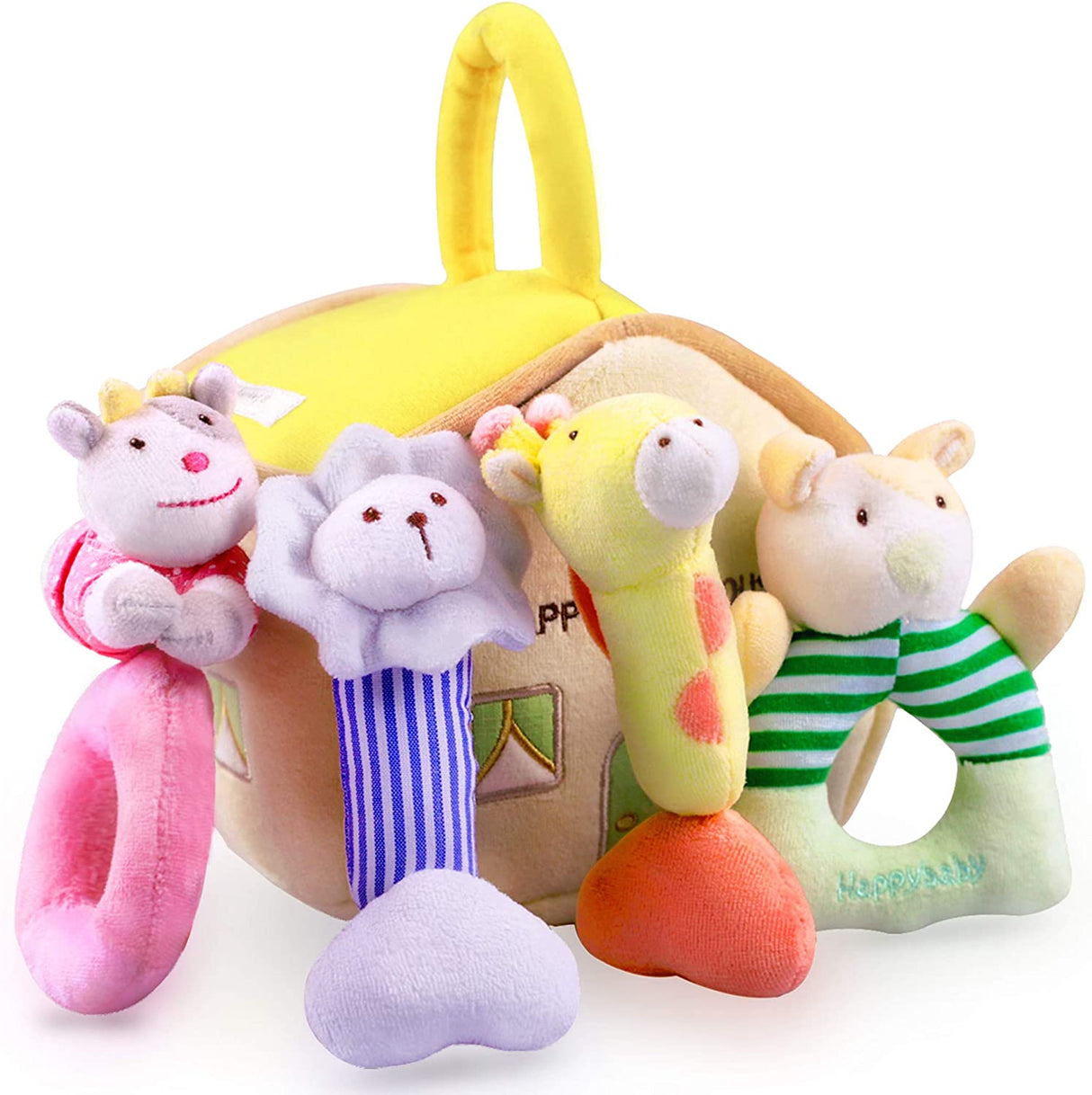iPlay, iLearn 4 juguetes de peluche para bebé con sonajero suave, agitador sensorial de mano, juego de animales de peluche de granja - B077PS65DG