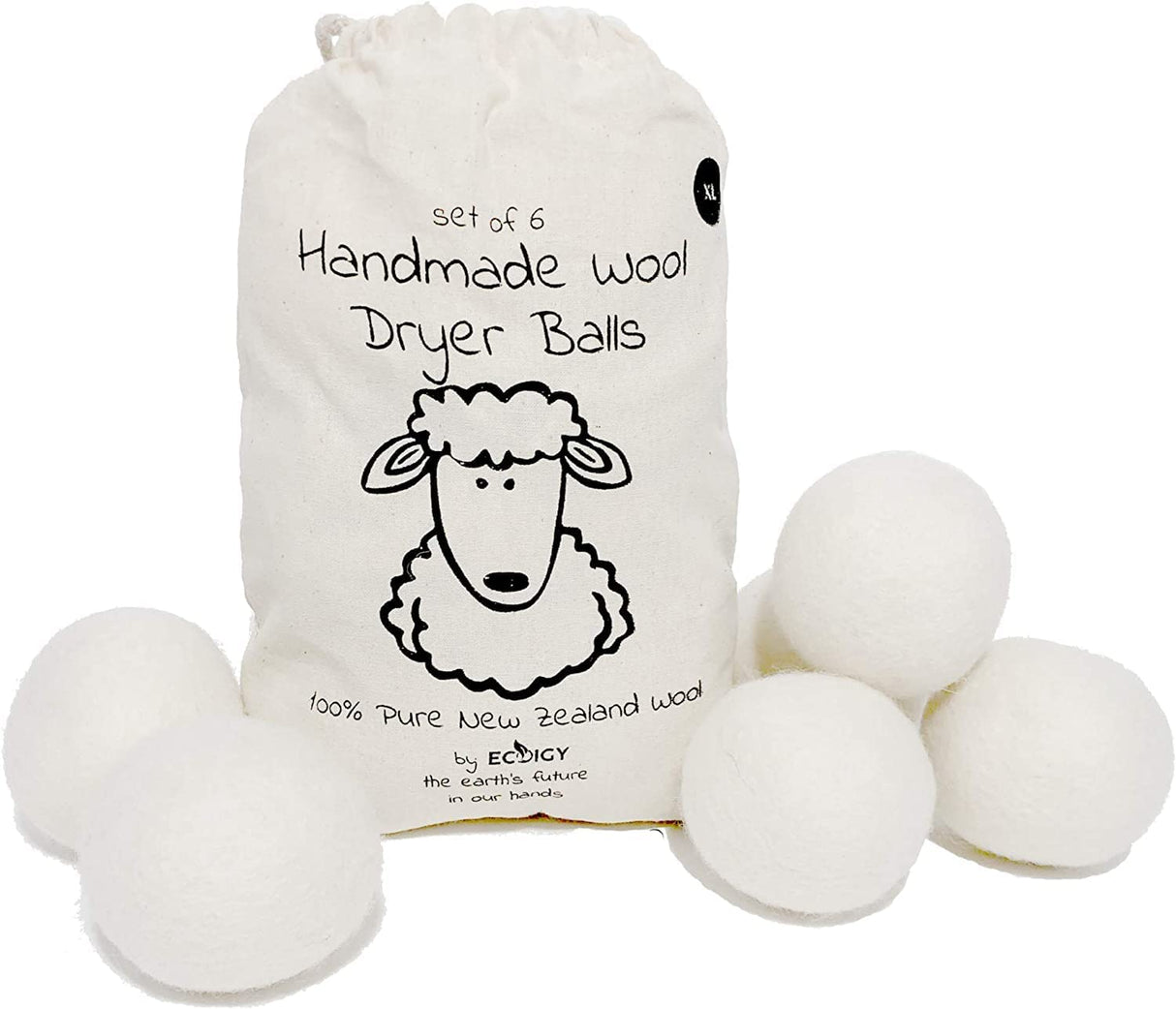 Ecoigy - Bolas de lana para secadora orgánicas XL, paquete de 6, suavizante de tela natural reutilizable para lavandería, alternativa a las hojas de secadora, lana de Nueva Zelanda, acelera el tiempo de secado, reduce los costos de energía - DIGVICE MX