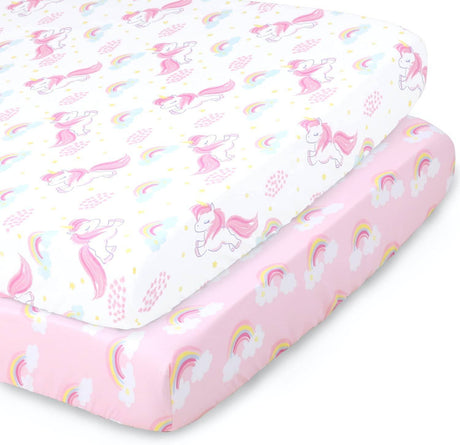 The Peanutshell Fitted Pack n Play, Playard, Mini sábanas para cuna para niñas | Juego de 2 paquetes | Unicornio rosa y arco iris - DIGVICE MX