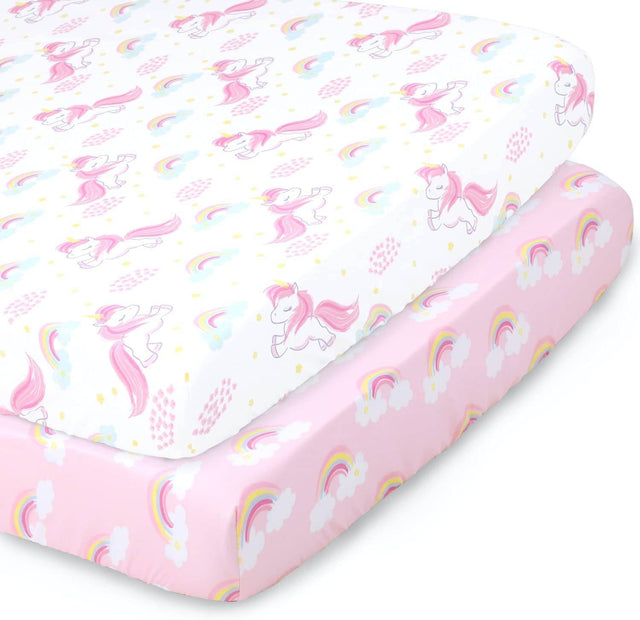 The Peanutshell Fitted Pack n Play, Playard, Mini sábanas para cuna para niñas | Juego de 2 paquetes | Unicornio rosa y arco iris - DIGVICE MX