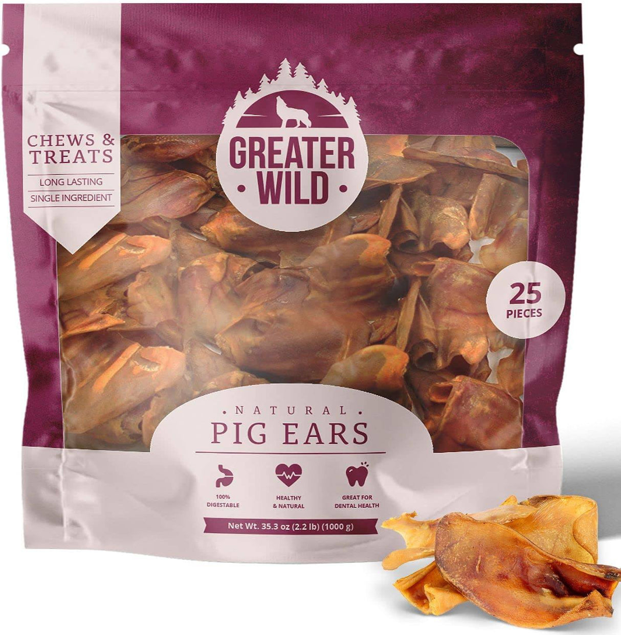 Greater Wild - Orejas de cerdo para perros, golosinas para perros, un solo ingrediente, todo natural, masticables para perros de larga duración para perros grandes y pequeños, 100 % digeribles - DIGVICE MX