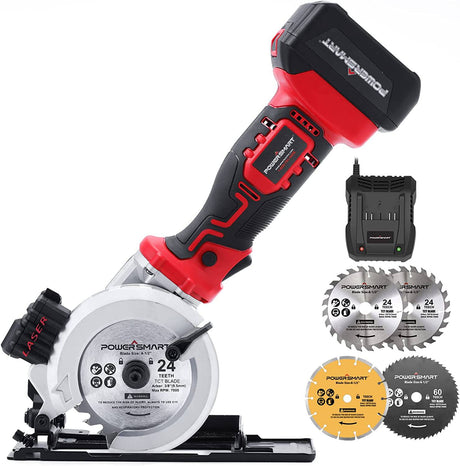 Sierra circular inalámbrica PowerSmart, minisierra circular inalámbrica de 20 V y 4-1/2 pulgadas, 4500 RPM, guía láser y paralela, 4 cuchillas para madera, metal blando y azulejos, batería de 4,0 Ah y cargador rápido incluido - DIGVICE MX
