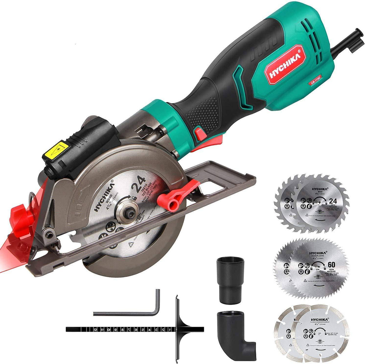 Sierra circular, minisierra circular eléctrica HYCHIKA 6.2A, guía láser, 6 hojas (4-1/2"), profundidad máxima de corte 1-11/16'' (90°), mango de goma, cable de 10 pies, ideal para madera Cortes de plástico de azulejos de metal blando - DIGVICE MX