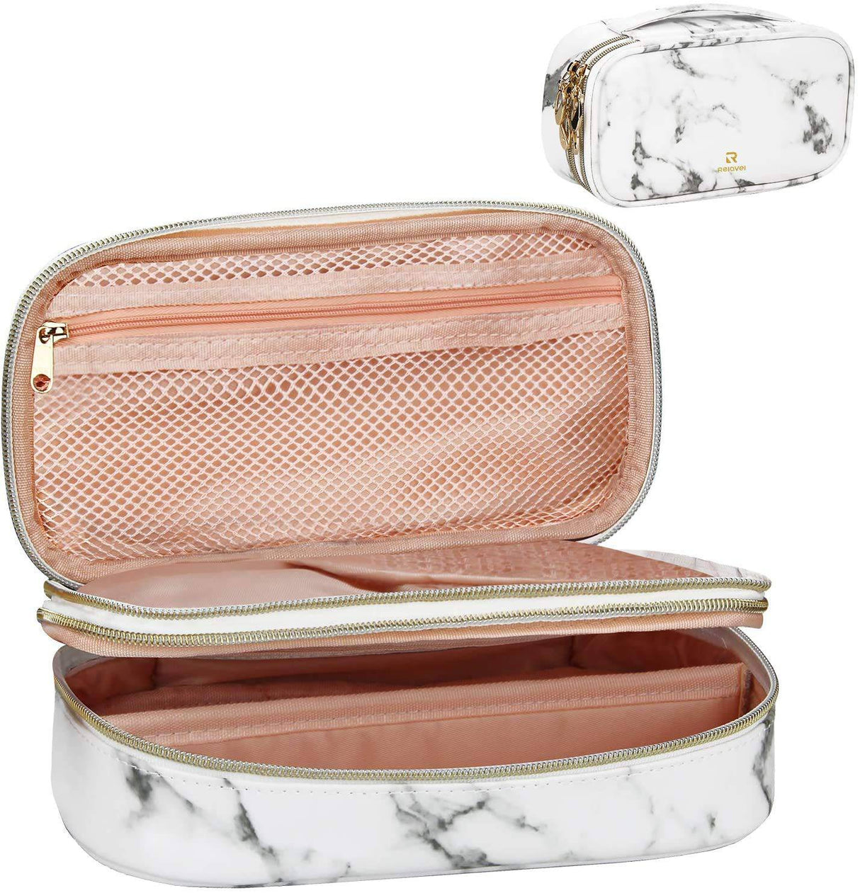 Relavel - Estuche de maquillaje 2 capas para brochas de maquillaje (patrón de mármol blanco)