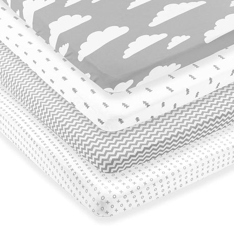 BAEBAE GOODS - Premium Pack and Play Sheets Paquete de 4 - Sábanas de colchón 100% súper suave de punto jersey de algodón - Sábana bajera portátil para cuna para niño y niña (24 x 38 x 5) - DIGVICE MX