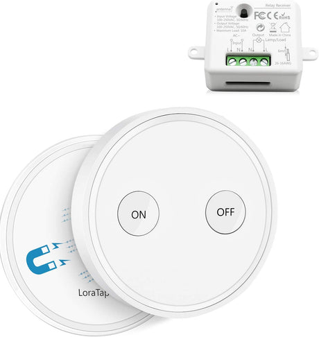 LoraTap Kit de interruptor de luces inalámbrico, control remoto inalámbrico de encendido y apagado RF de 915 MHz para lámparas y electrodomésticos, receptor de relé de 10 A, rango de 656 pies - DIGVICE MX