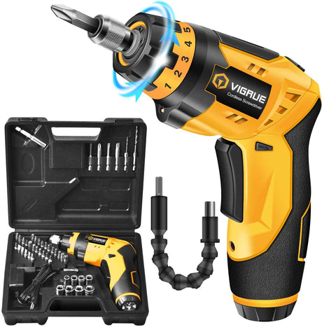 Destornillador inalámbrico VIGRUE, destornillador eléctrico recargable con juego de 48 piezas, indicador de batería, 7 ajustes de par, mango de 2 posiciones con luz LED, eje flexible - DIGVICE MX