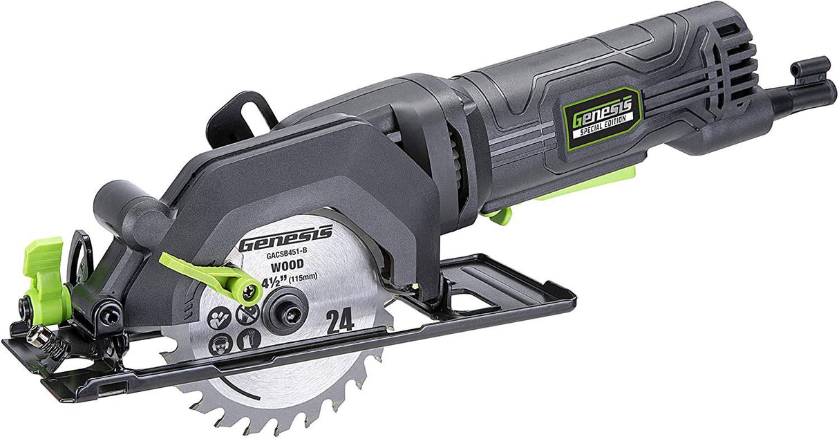Sierra circular compacta Genesis GCS445SE de 4.0 A y 4-1/2" con hoja con punta de carburo de 24 dientes, guía de corte al hilo, adaptador de vacío y llave para hoja - DIGVICE MX